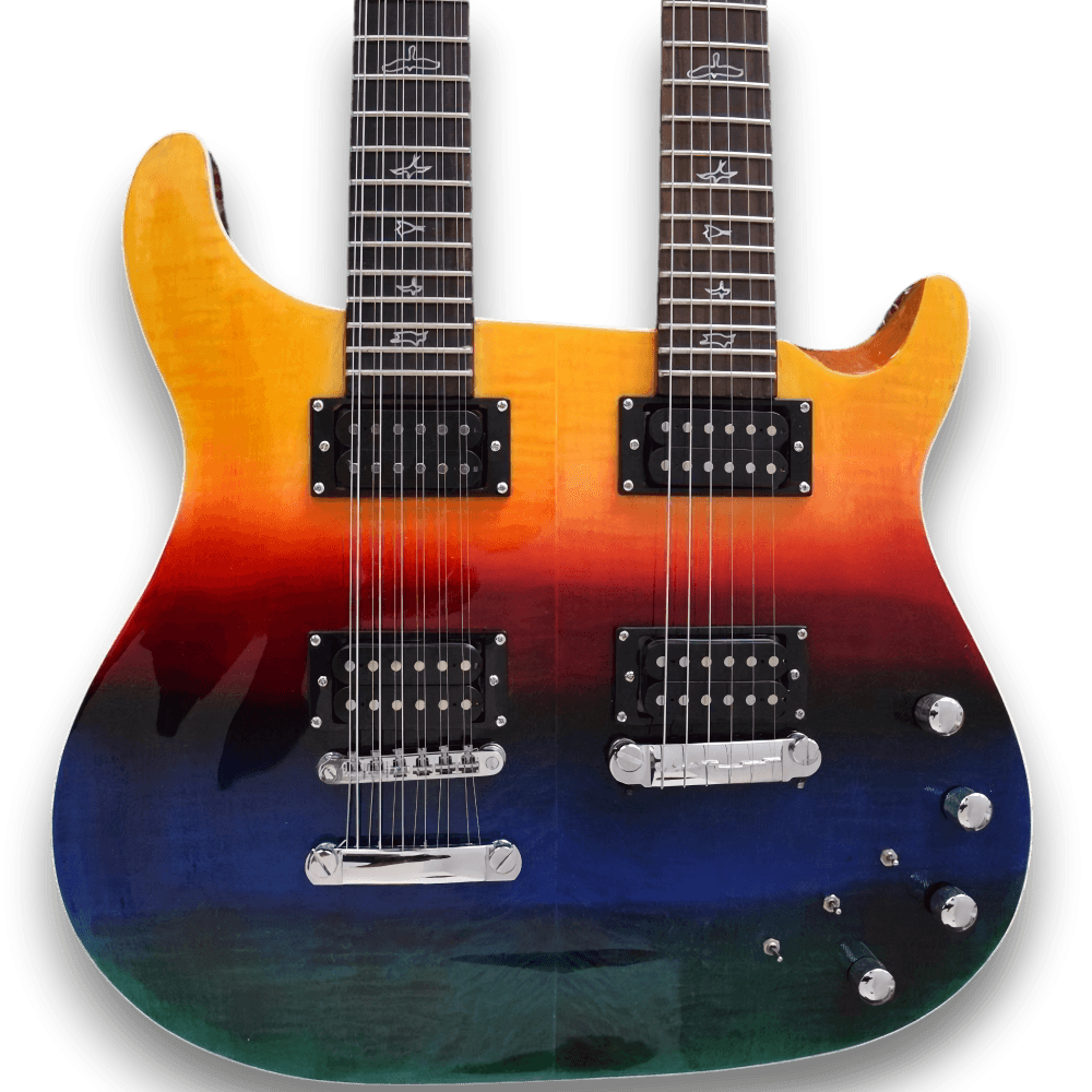 Custom Made Double Neck Rainbow Tiger Maple Top Electric Guitar 12 & 6 Strings