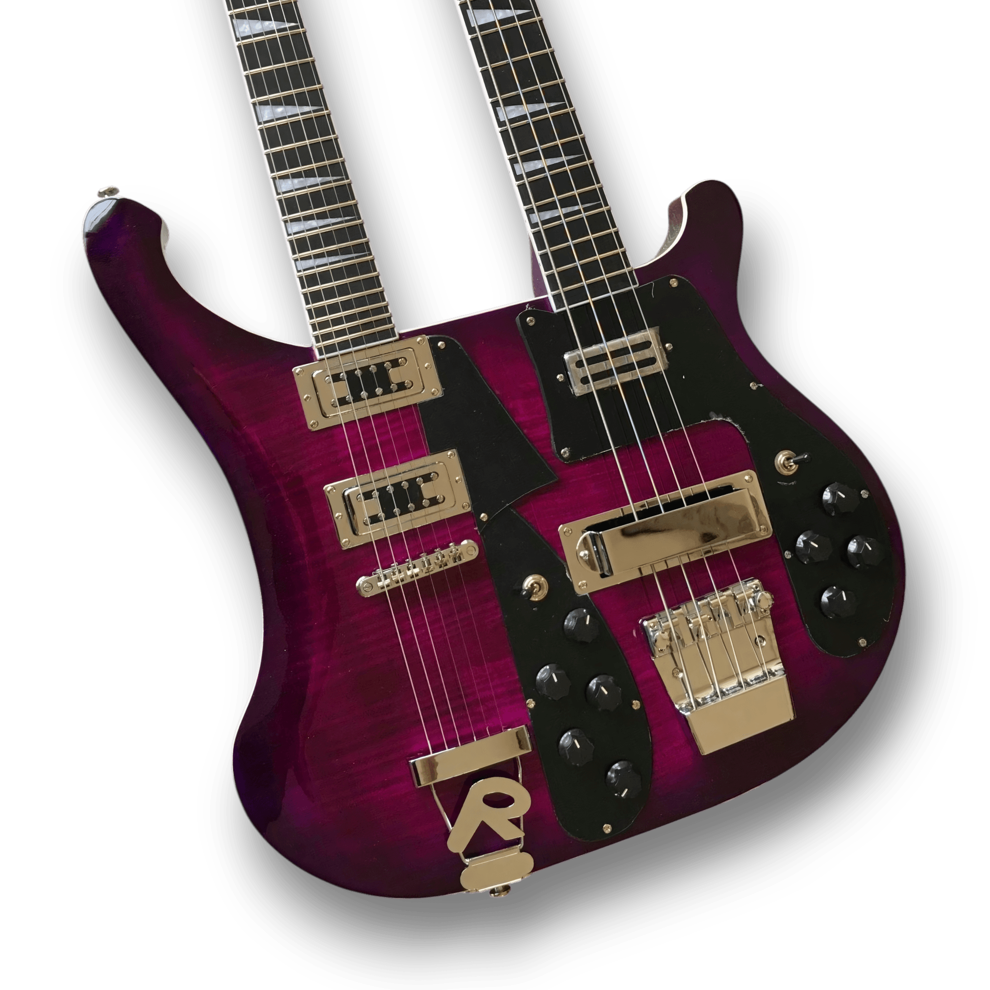 Custom Made Flame Maple Top Purple 4080 Style Double Neck 4 Strings Bass & 6 Strings Electric Guitar