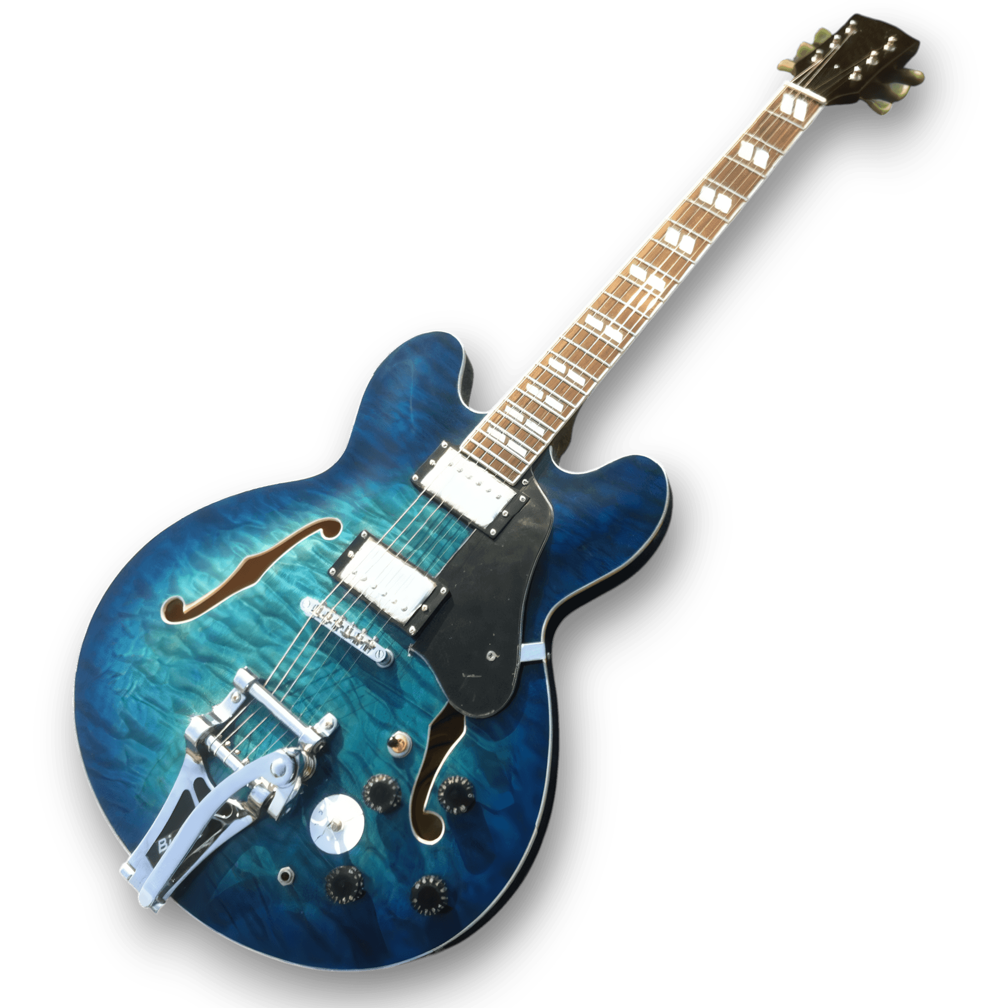 Custom Made Trans Blue Burst Quilted Maple Top Semi-Hollow ES355 Style 6 Strings Electric Guitar - Image 2