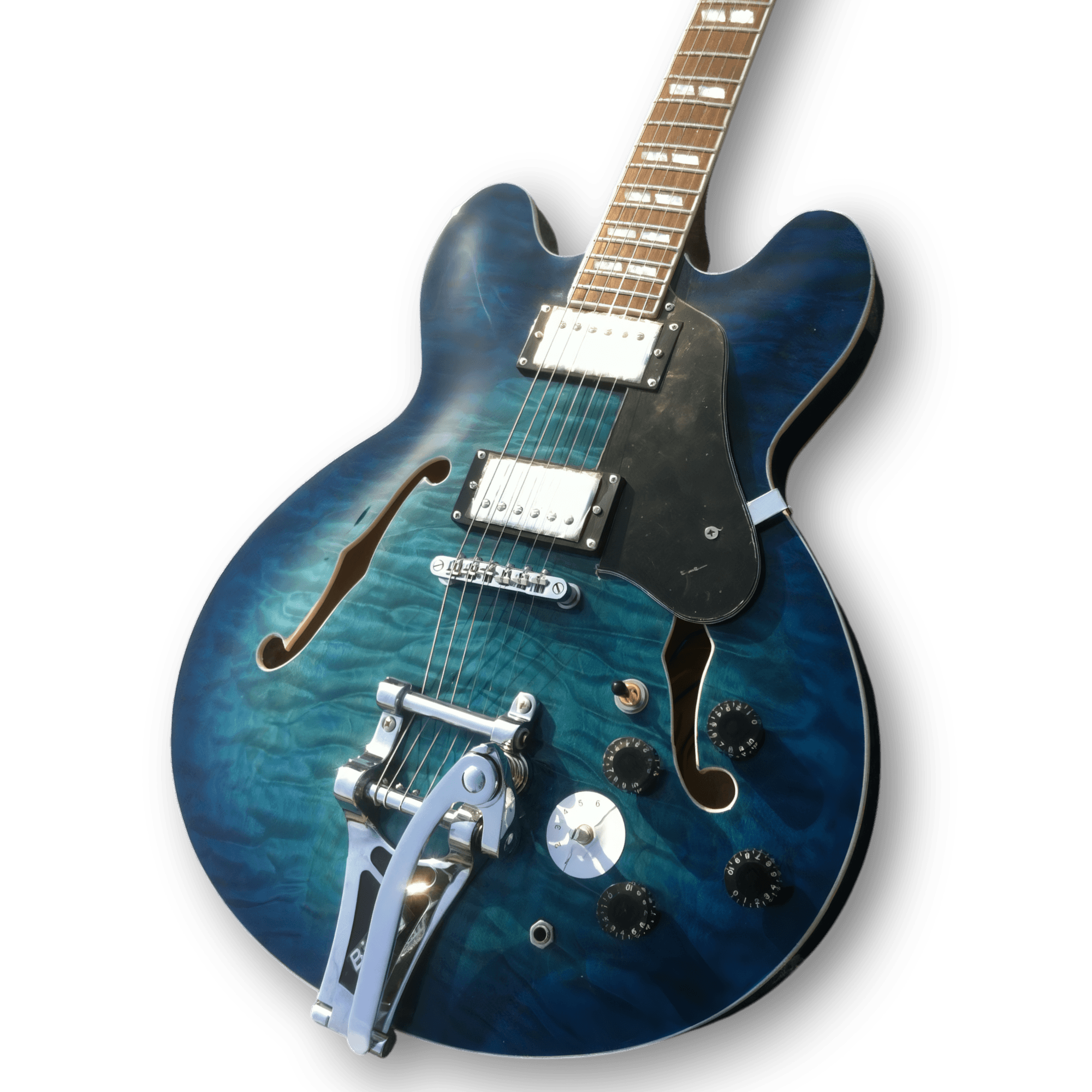Custom Made Trans Blue Burst Quilted Maple Top Semi-Hollow ES355 Style 6 Strings Electric Guitar